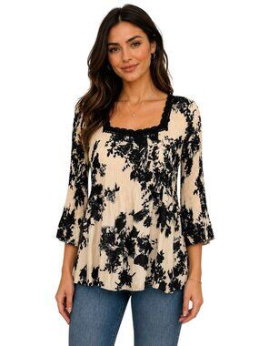 Y2K Plisse Black & Ivory Floral Pleated Blouse Medium Square Neck 3/4 Sleeve